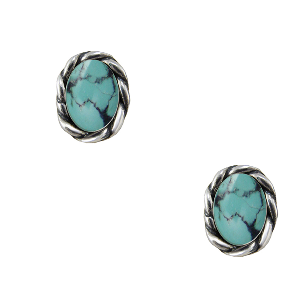 Sterling Silver Little Chinese Turquoise Drop Post Stud Earrings